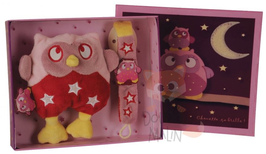  chouette ça brille coffret hochet hibou attache sucette rose jaune étoile 